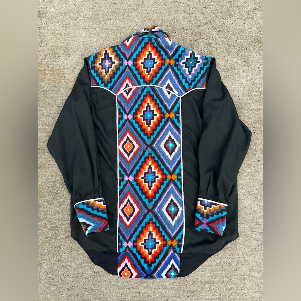 Western Pearl Snap Long Sleeve Shirt Black Men XL Geometric Pattern Handmade C11 - Picture 2 of 9